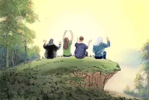 Drawing of four women sitting on a sunny hillside with arms raised