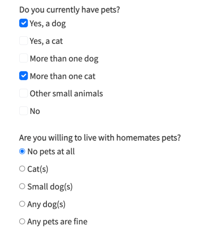 Checkbox and radio button display of questions about pets