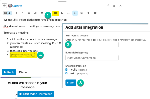 Screen instructions to add a Jitsi meeting to a chat message